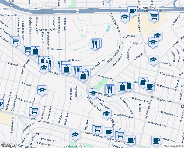 map of restaurants, bars, coffee shops, grocery stores, and more near 2929 Via San Delarro in Montebello