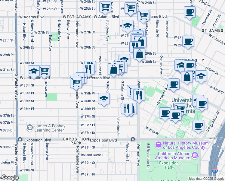 map of restaurants, bars, coffee shops, grocery stores, and more near 1222 West 35th Street in Los Angeles