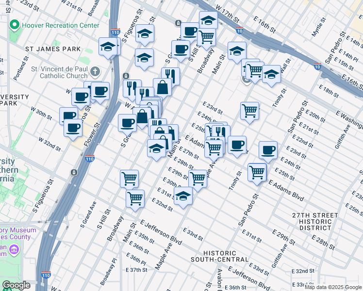 map of restaurants, bars, coffee shops, grocery stores, and more near 2617 South Main Street in Los Angeles