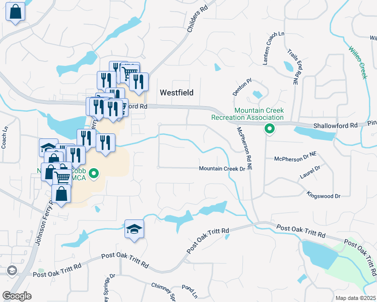 map of restaurants, bars, coffee shops, grocery stores, and more near 4574 Woodland Circle Northeast in Roswell