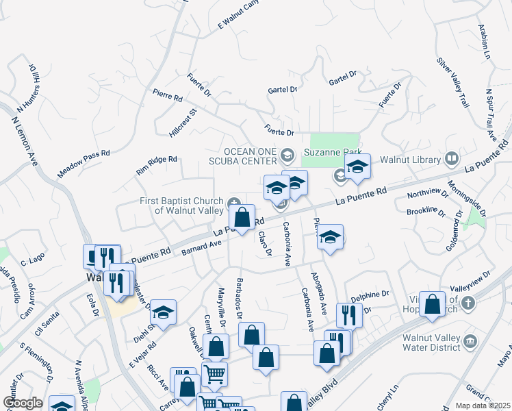 map of restaurants, bars, coffee shops, grocery stores, and more near 20515 Westhoff Way in Walnut