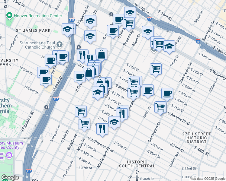 map of restaurants, bars, coffee shops, grocery stores, and more near 2617 South Main Street in Los Angeles