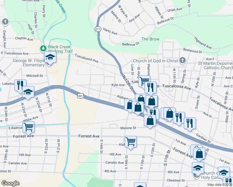 map of restaurants, bars, coffee shops, grocery stores, and more near 1310 Etowah Avenue in Gadsden