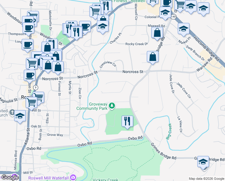 map of restaurants, bars, coffee shops, grocery stores, and more near 300 Stonebridge Trail in Roswell