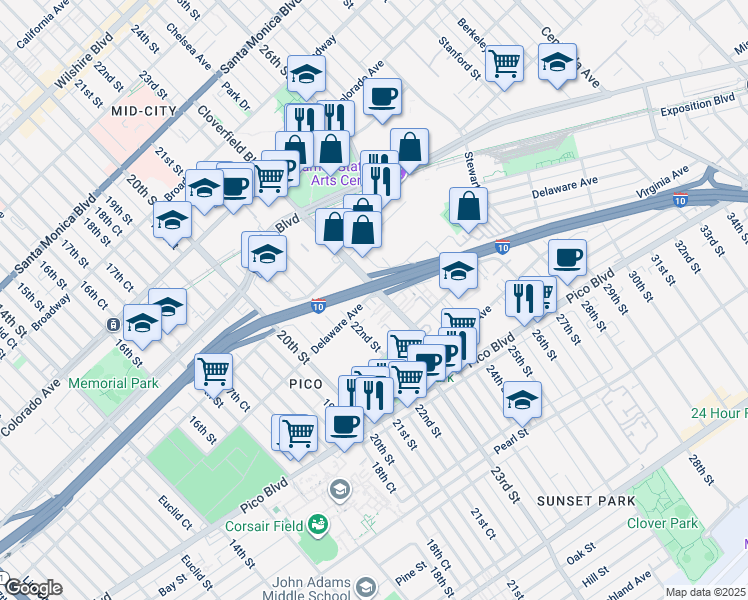 map of restaurants, bars, coffee shops, grocery stores, and more near 1919 Cloverfield Boulevard in Santa Monica