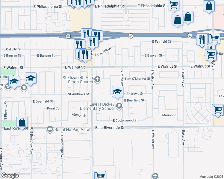 map of restaurants, bars, coffee shops, grocery stores, and more near 2731 South Del Norte Avenue in Ontario