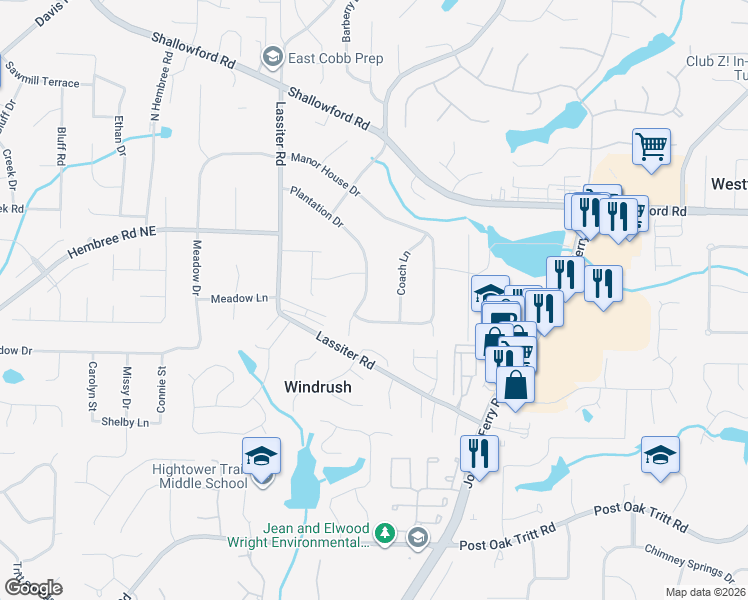 map of restaurants, bars, coffee shops, grocery stores, and more near 4057 Plantation Drive in Marietta