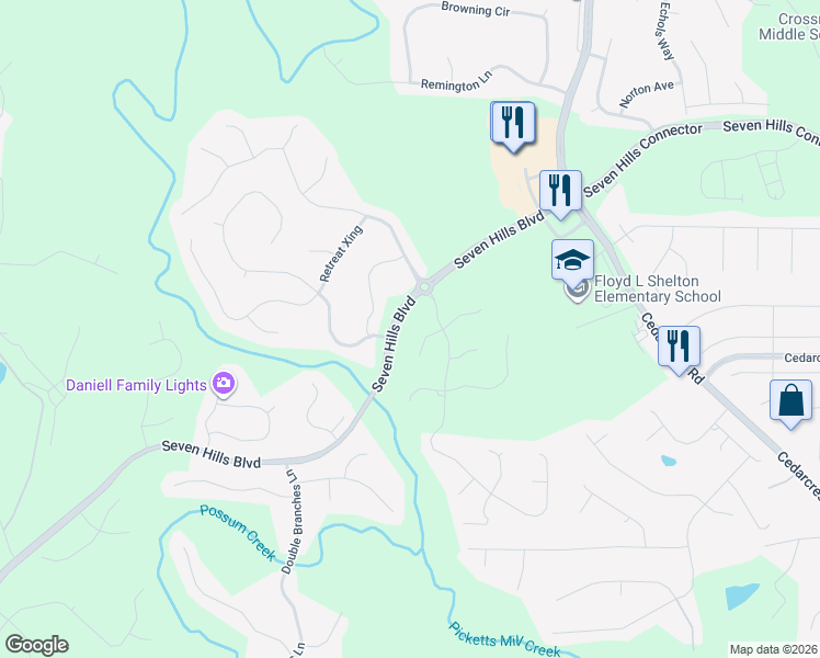 map of restaurants, bars, coffee shops, grocery stores, and more near 573 Seven Hills Boulevard in Dallas