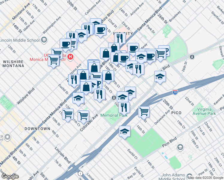 map of restaurants, bars, coffee shops, grocery stores, and more near 1534 17th Street in Santa Monica