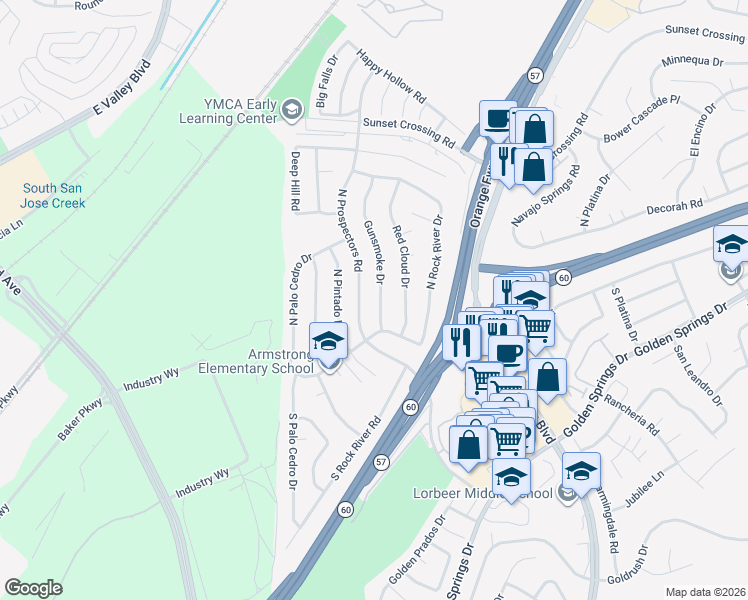 map of restaurants, bars, coffee shops, grocery stores, and more near 137 Gunsmoke Drive in Diamond Bar