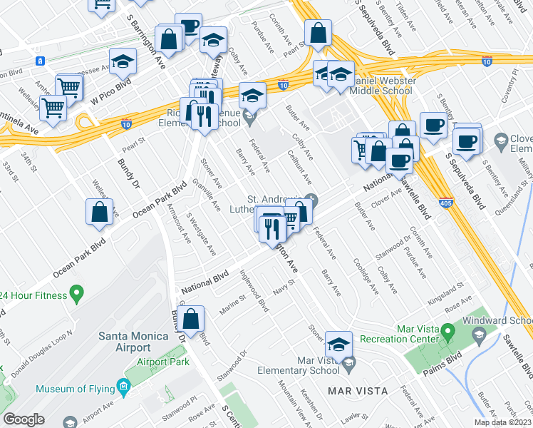 map of restaurants, bars, coffee shops, grocery stores, and more near 2748 South Barrington Avenue in Los Angeles