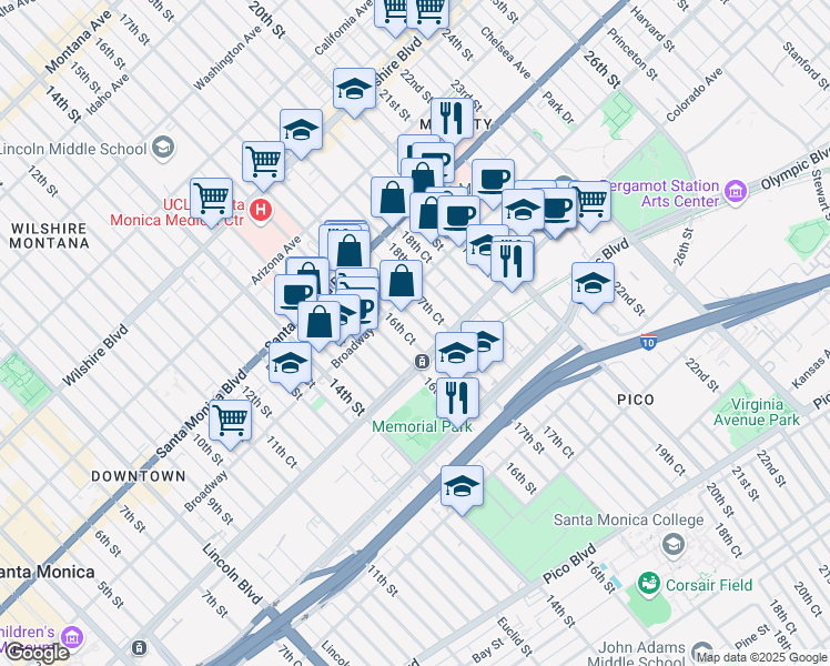 map of restaurants, bars, coffee shops, grocery stores, and more near 1534 17th Street in Santa Monica