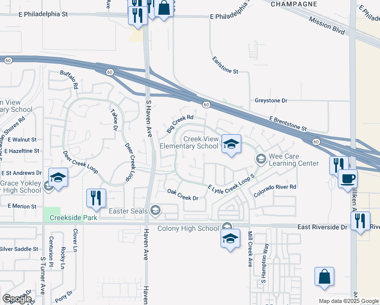 map of restaurants, bars, coffee shops, grocery stores, and more near 2705 Badgerglen Place in Ontario