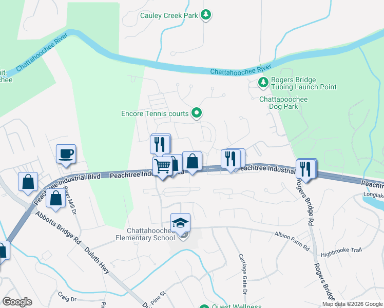 map of restaurants, bars, coffee shops, grocery stores, and more near 2805 Peachtree Industrial Boulevard in Duluth