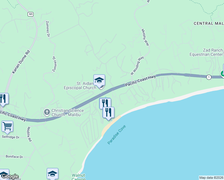 map of restaurants, bars, coffee shops, grocery stores, and more near 2 Paradise Cove Road in Malibu