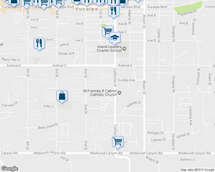 map of restaurants, bars, coffee shops, grocery stores, and more near 12650 California Street in Yucaipa