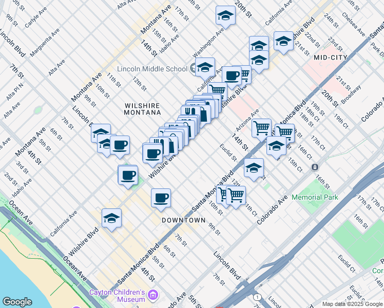 map of restaurants, bars, coffee shops, grocery stores, and more near 1227 11th Street in Santa Monica