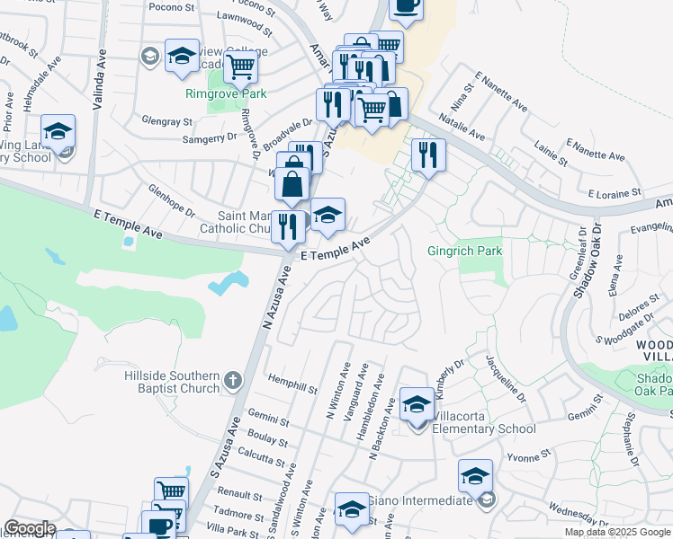 map of restaurants, bars, coffee shops, grocery stores, and more near 17350 Temple Avenue in La Puente