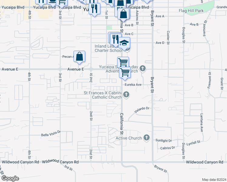 map of restaurants, bars, coffee shops, grocery stores, and more near 12650 California Street in Yucaipa