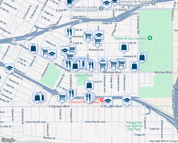map of restaurants, bars, coffee shops, grocery stores, and more near 831 1/2 South Ditman Avenue in Los Angeles