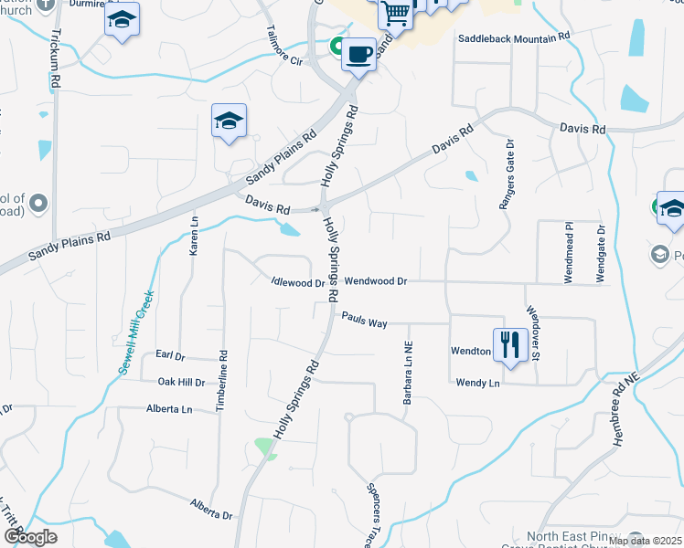 map of restaurants, bars, coffee shops, grocery stores, and more near 2853 Wendwood Drive in Marietta