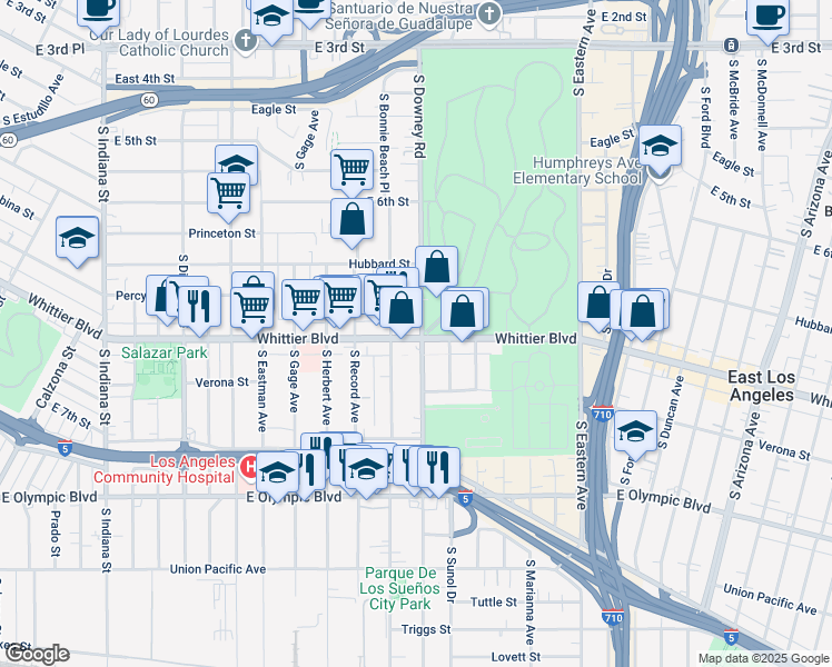 map of restaurants, bars, coffee shops, grocery stores, and more near 4169 Whittier Boulevard in Los Angeles