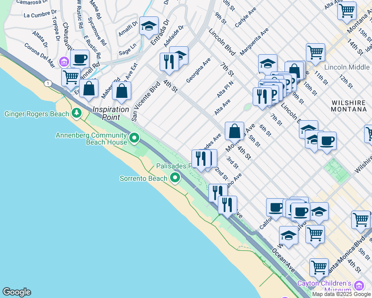 map of restaurants, bars, coffee shops, grocery stores, and more near 603 Ocean Avenue in Santa Monica