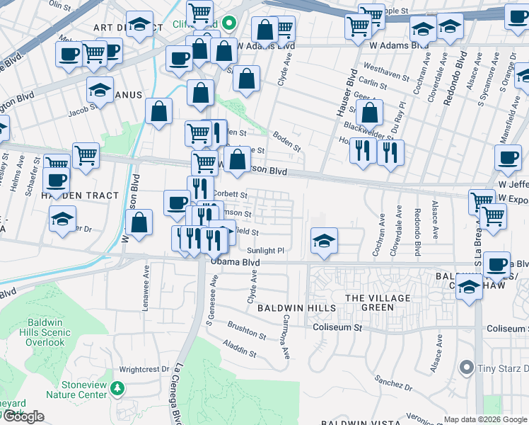 map of restaurants, bars, coffee shops, grocery stores, and more near 5651 Clemson Street in Los Angeles