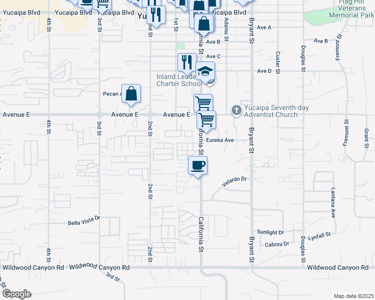 map of restaurants, bars, coffee shops, grocery stores, and more near 12650 California Street in Yucaipa