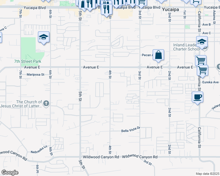 map of restaurants, bars, coffee shops, grocery stores, and more near 12614 4th Street in Yucaipa