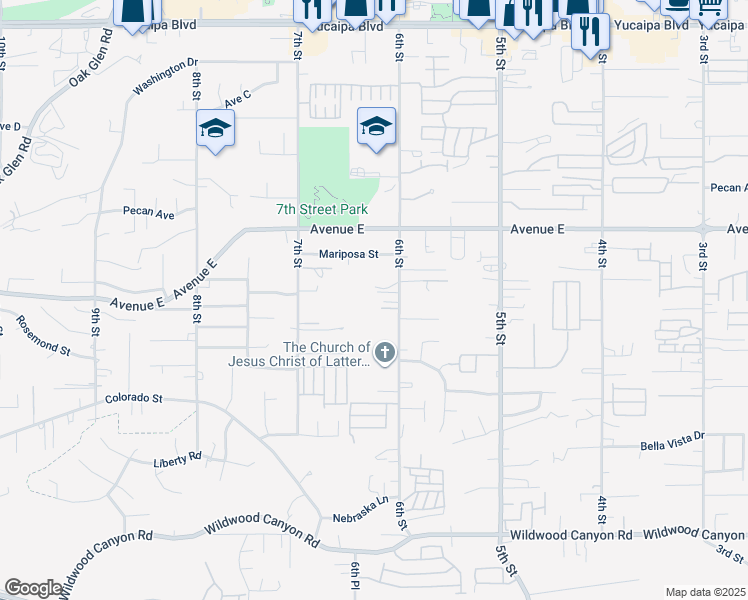 map of restaurants, bars, coffee shops, grocery stores, and more near 12614 6th Street in Yucaipa
