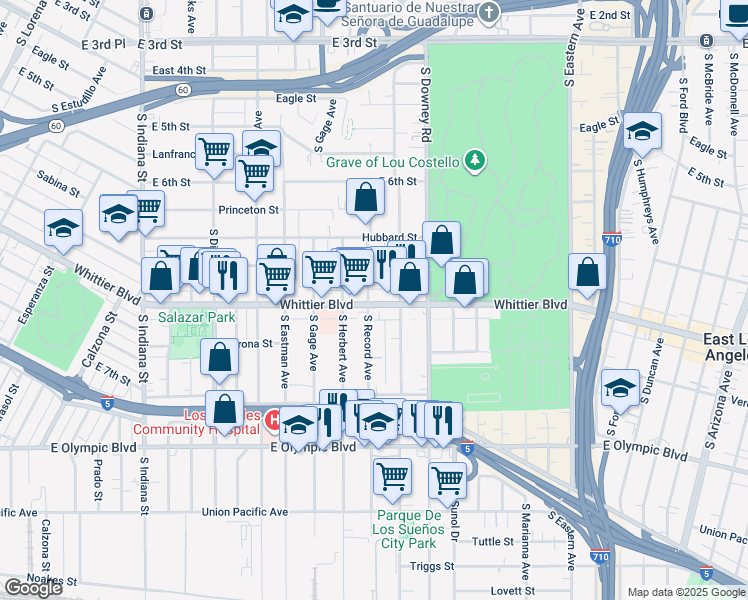 map of restaurants, bars, coffee shops, grocery stores, and more near in East Los Angeles