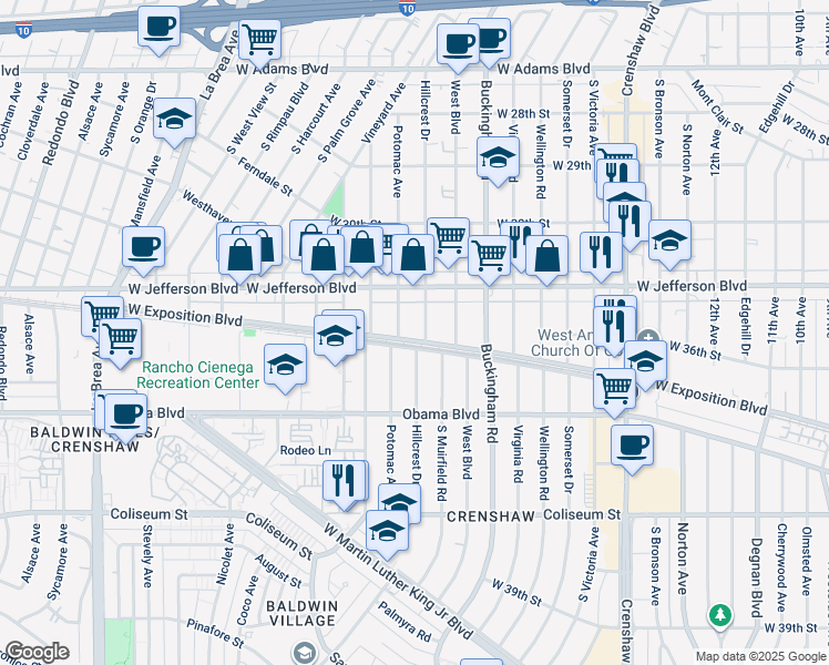 map of restaurants, bars, coffee shops, grocery stores, and more near 3437 Potomac Avenue in Los Angeles