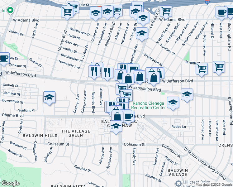 map of restaurants, bars, coffee shops, grocery stores, and more near 3431 South La Brea Avenue in Los Angeles