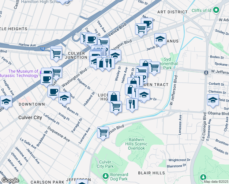 map of restaurants, bars, coffee shops, grocery stores, and more near 3603 Helms Avenue in Culver City