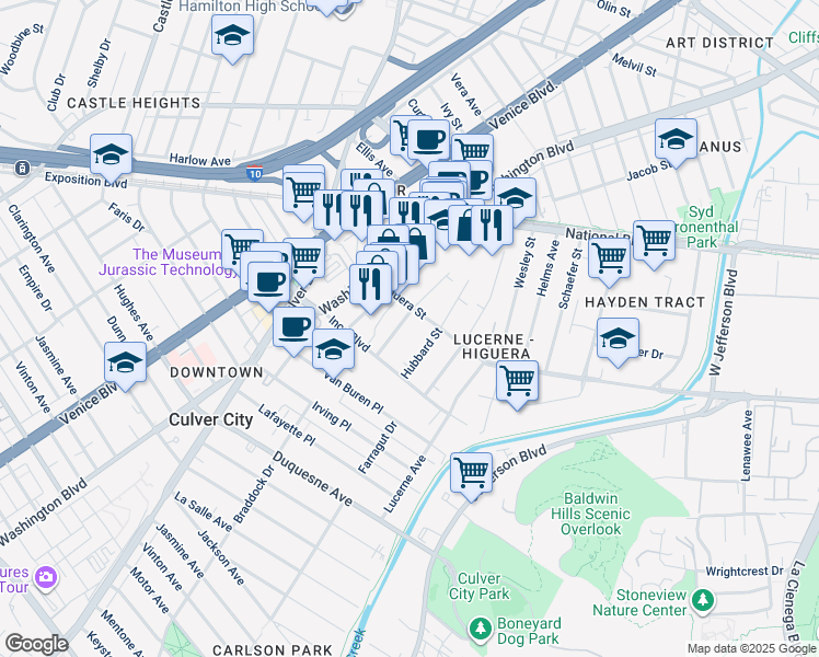 map of restaurants, bars, coffee shops, grocery stores, and more near 4003 Higuera Street in Culver City
