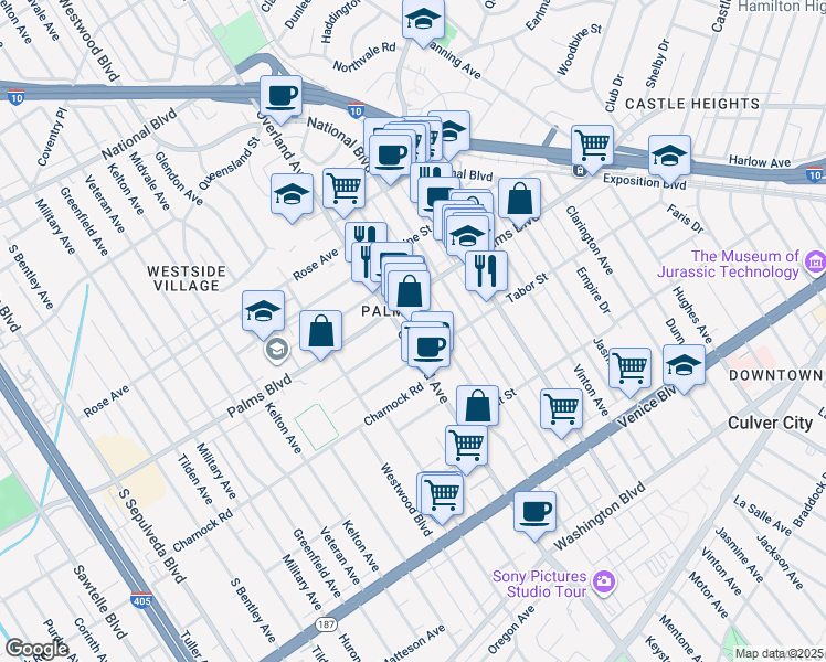 map of restaurants, bars, coffee shops, grocery stores, and more near 3540 Keystone Avenue in Los Angeles
