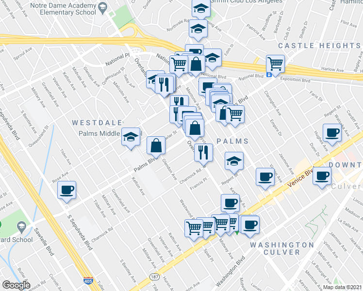 map of restaurants, bars, coffee shops, grocery stores, and more near in Los Angeles
