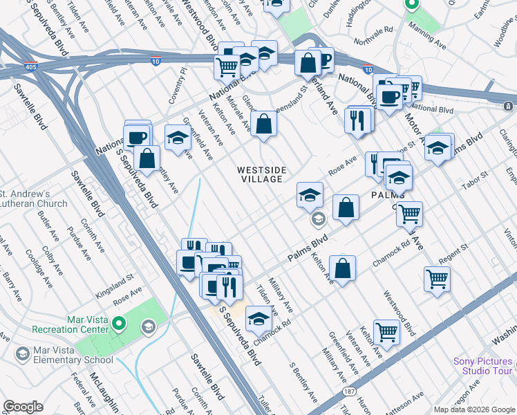 map of restaurants, bars, coffee shops, grocery stores, and more near 3317 Kelton Avenue in Los Angeles