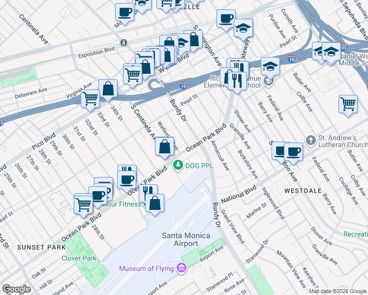 map of restaurants, bars, coffee shops, grocery stores, and more near 2592 Amherst Avenue in Los Angeles