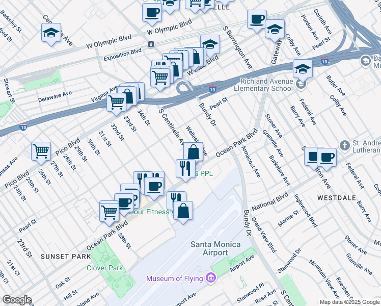 map of restaurants, bars, coffee shops, grocery stores, and more near 2571 Wellesley Avenue in Los Angeles
