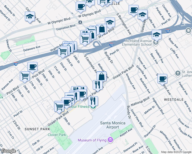map of restaurants, bars, coffee shops, grocery stores, and more near 2637 South Centinela Avenue in Santa Monica