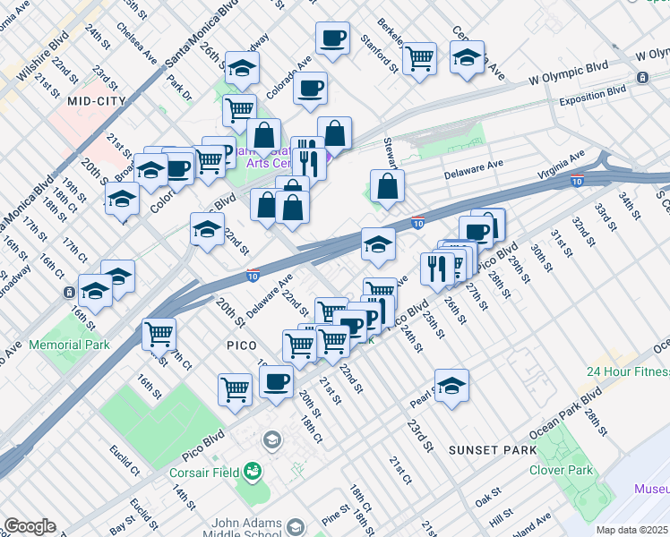 map of restaurants, bars, coffee shops, grocery stores, and more near 1942 High Place in Santa Monica