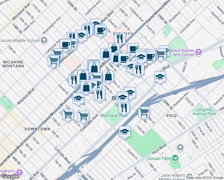 map of restaurants, bars, coffee shops, grocery stores, and more near 1525 17th Street in Santa Monica