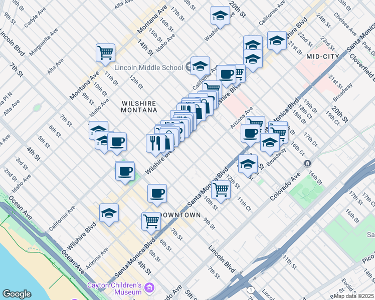 map of restaurants, bars, coffee shops, grocery stores, and more near 1110 Wilshire Boulevard in Santa Monica