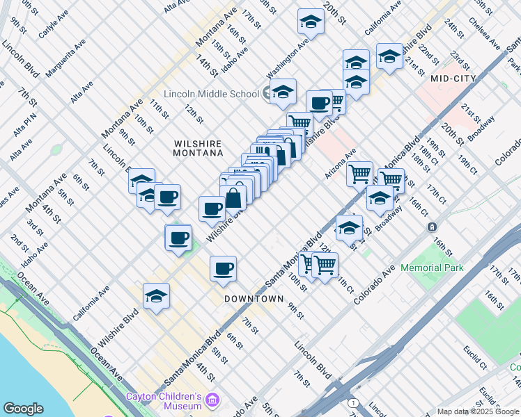 map of restaurants, bars, coffee shops, grocery stores, and more near 1110 Wilshire Boulevard in Santa Monica