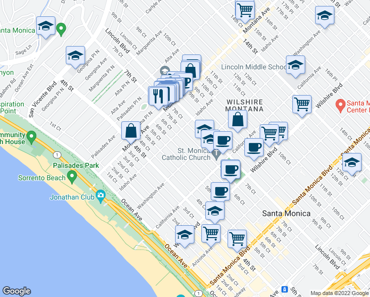 map of restaurants, bars, coffee shops, grocery stores, and more near 928 6th Court in Santa Monica