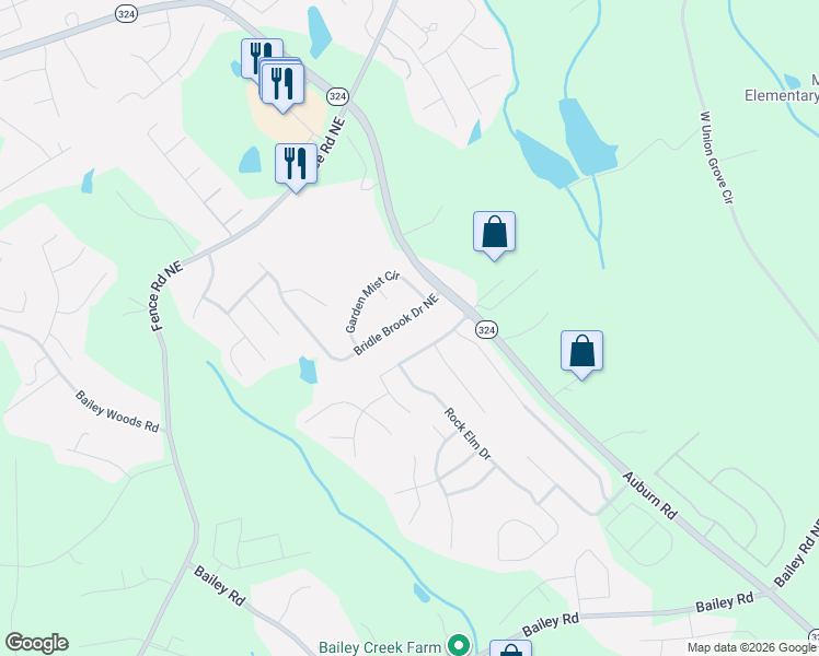 map of restaurants, bars, coffee shops, grocery stores, and more near 3535 Bridle Brook Drive Northeast in Auburn