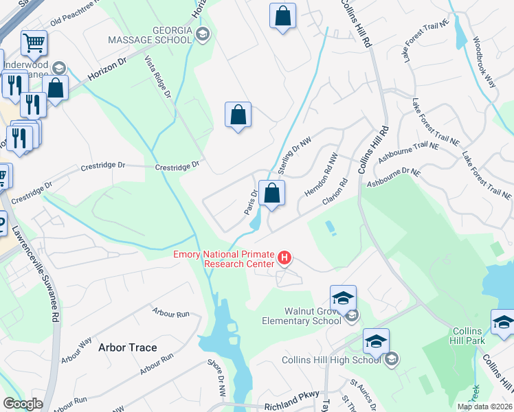 map of restaurants, bars, coffee shops, grocery stores, and more near 90 Paris Drive in Lawrenceville
