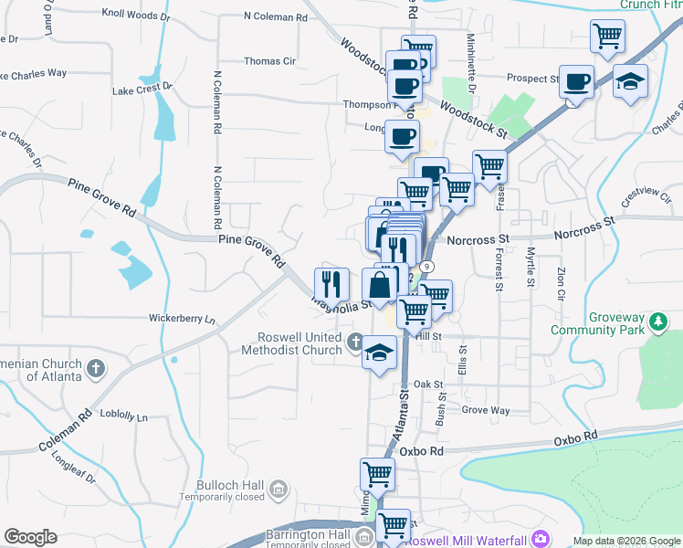 map of restaurants, bars, coffee shops, grocery stores, and more near 7746 Georgetown Chase in Roswell